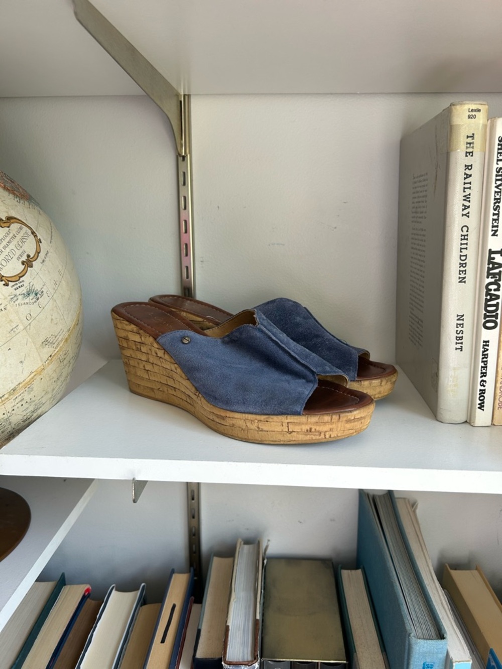 A. Giannetti Blue Suede Cork Wedge Slide Sandals